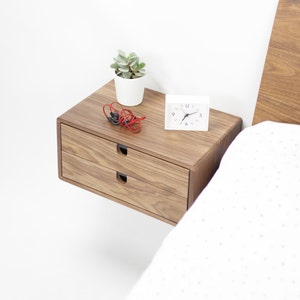 Walnut Floating nightstand bedside table drawer in solid walnut mid century modern image 1