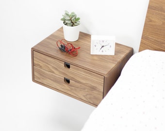 Walnut Floating nightstand bedside table drawer  in solid walnut mid century modern