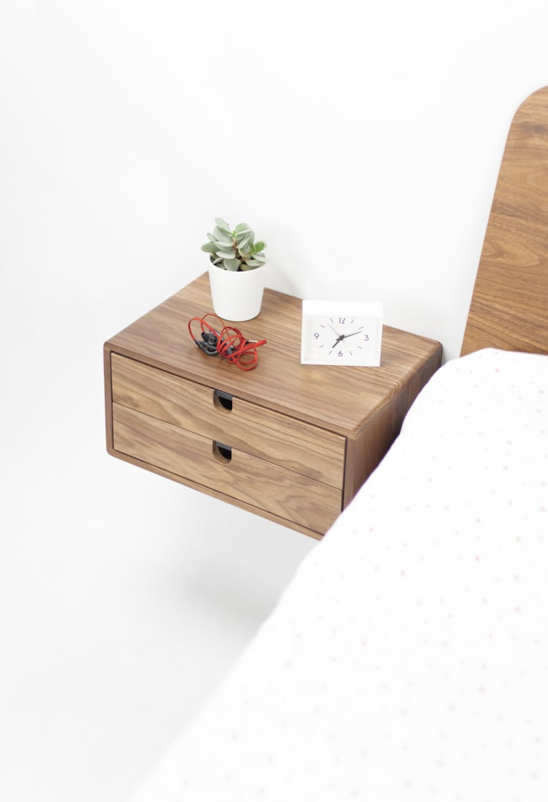 Walnut Floating nightstand bedside table drawer in solid walnut mid century modern image 1