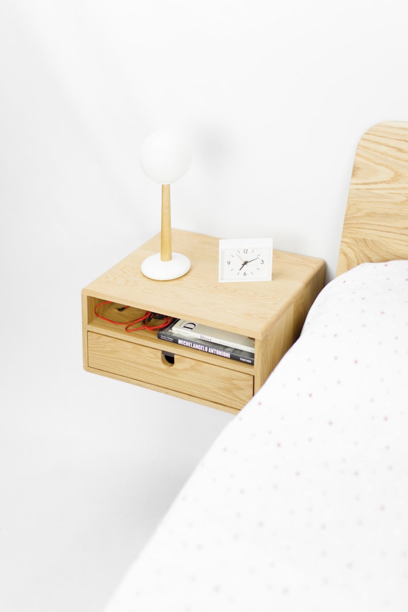 Floating nightstand bedside table with 1 drawer 1 shelf in solid oak image 2