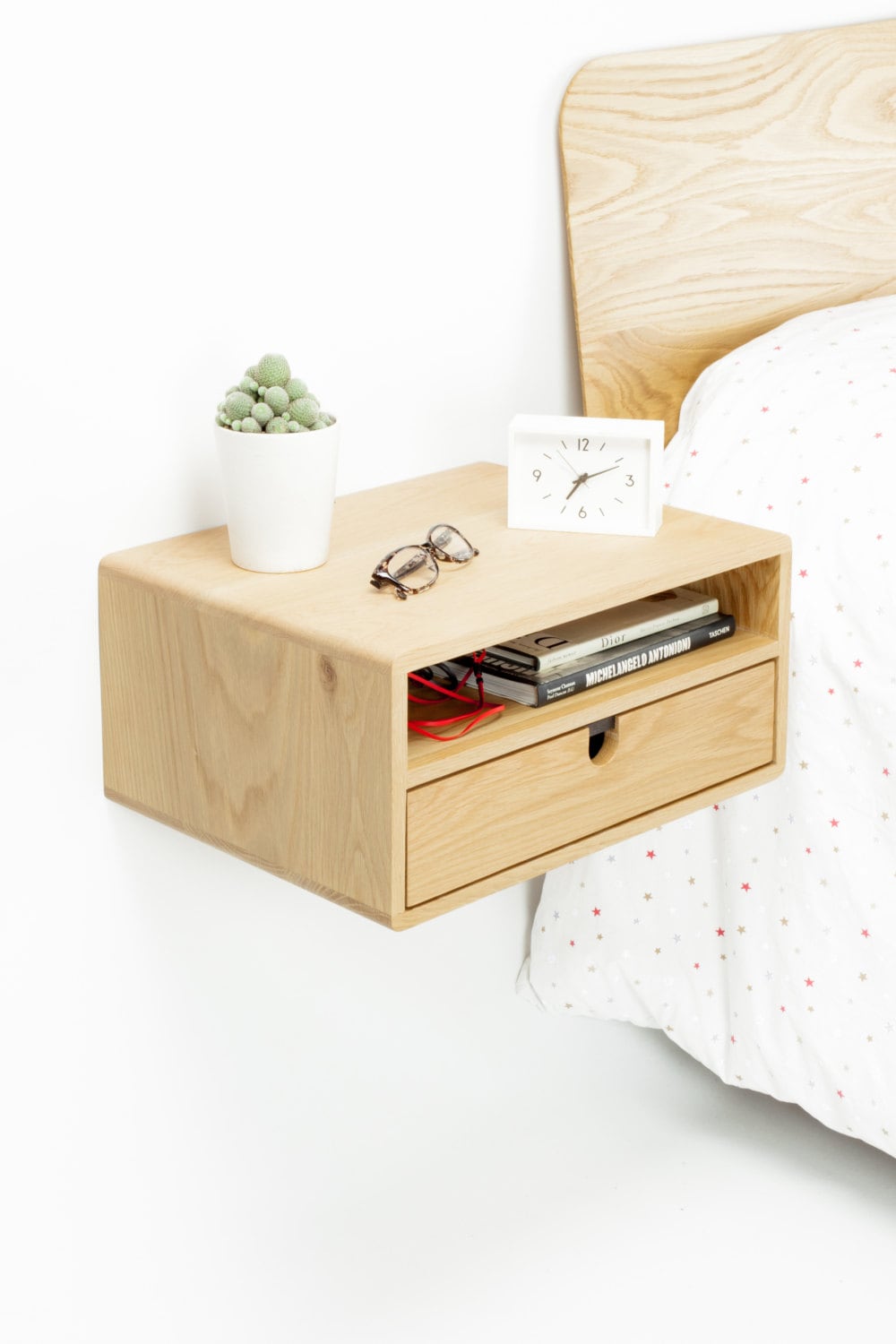 Floating nightstand bedside table with 1 drawer 1 shelf in solid oak