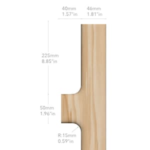 May include: A wooden T-shaped piece with rounded edges. The piece measures 8.85 inches tall, 1.96 inches wide, and 1.81 inches deep. The piece has a rounded corner with a radius of 0.59 inches.