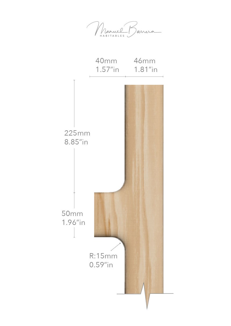 May include: A wooden T-shaped piece with rounded edges. The piece measures 8.85 inches tall, 1.96 inches wide, and 1.81 inches deep. The piece has a rounded corner with a radius of 0.59 inches.