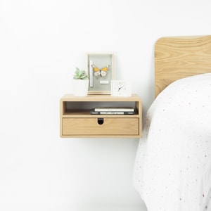 Floating nightstand bedside table with 1 drawer 1 shelf in solid oak image 3