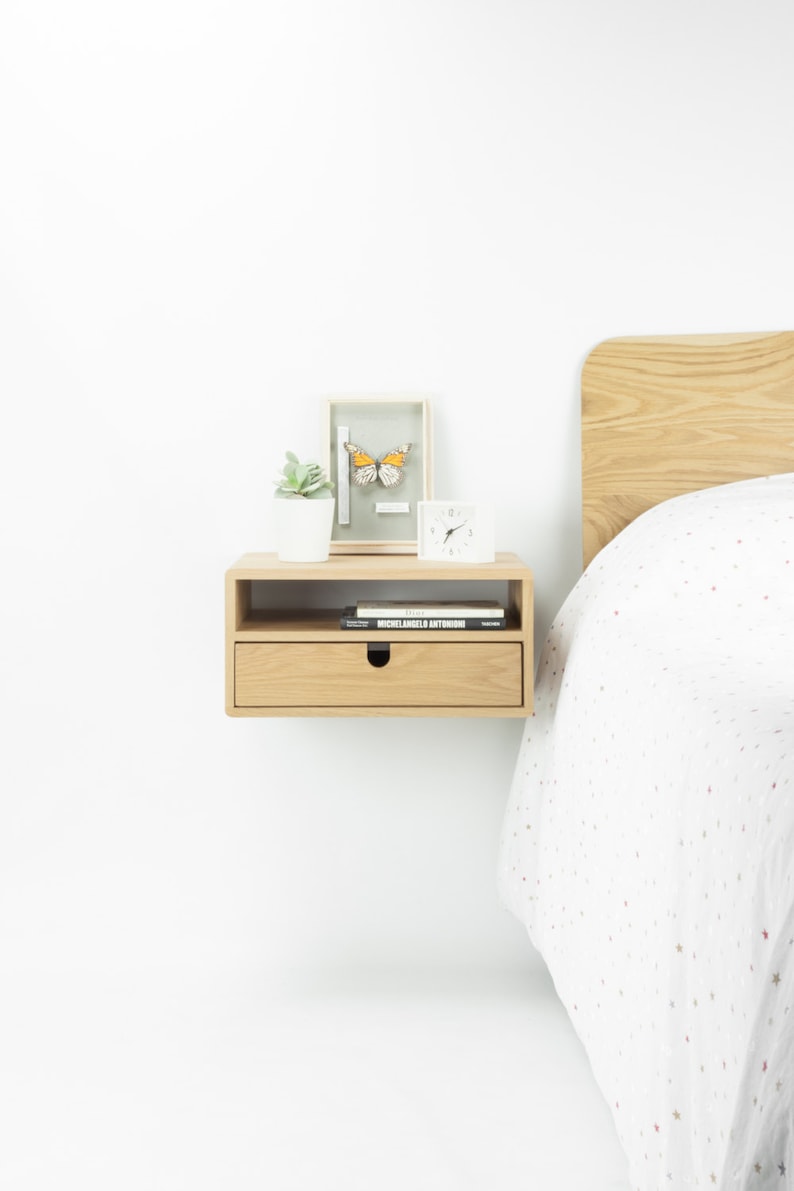 Floating nightstand bedside table with 1 drawer 1 shelf in solid oak image 3