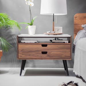 Nightstand Bedside table with two drawers in solid Walnut / Oak wood board and on top Carrara marble image 4