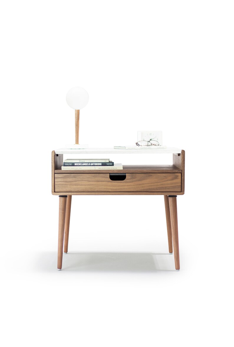 Nightstand / Bedside table in solid Walnut / Oak with marble top , mid century style image 4