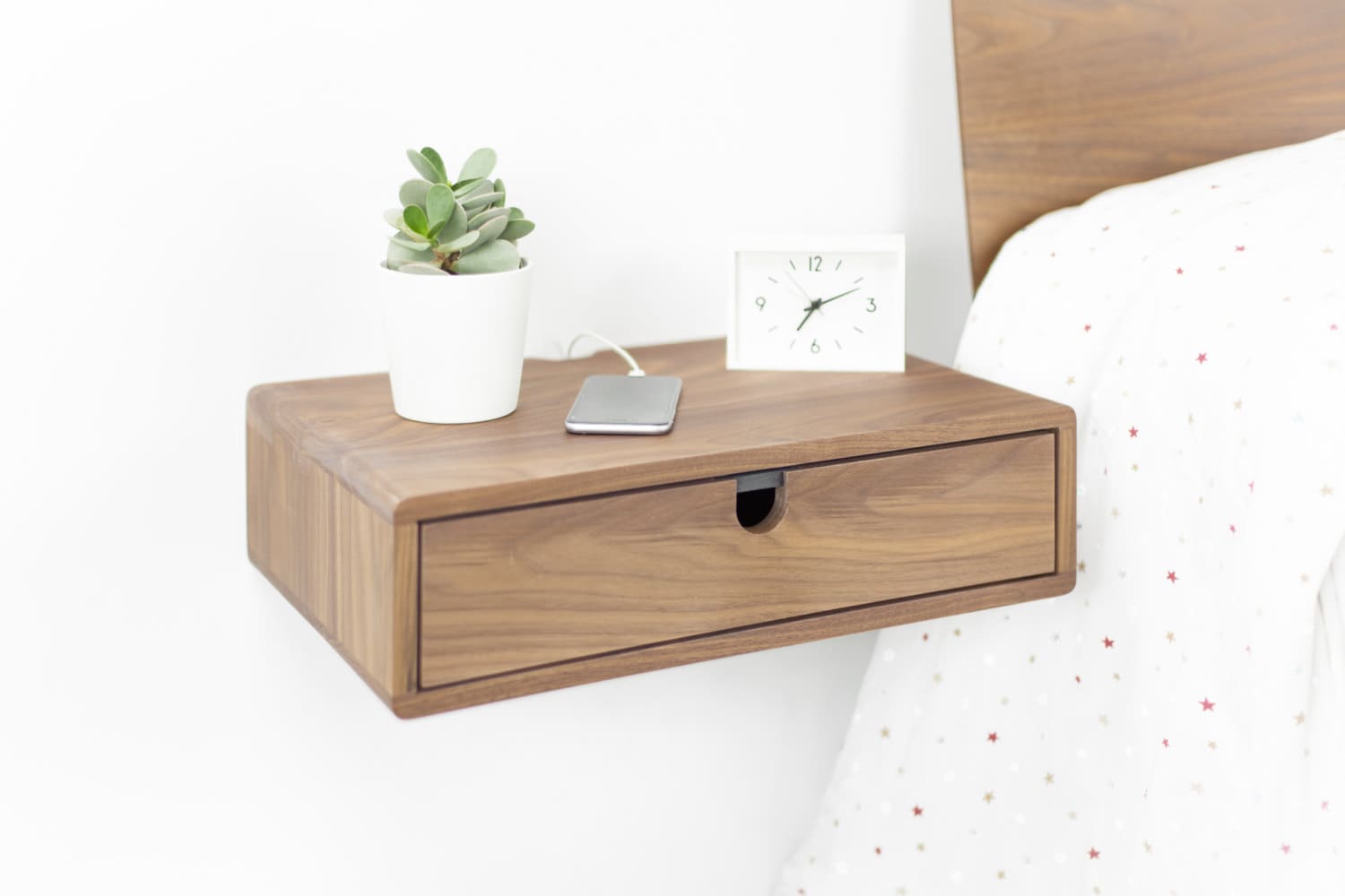 Floating nightstand bedside table drawer in solid walnut mid century modern