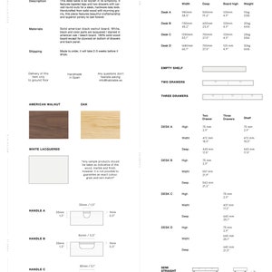 May include: A simple, modern desk with tapered legs and two drawers. The desk is available in American walnut, oak, or white lacquered finishes. The desk is 98 cm wide, 50 cm deep, and 12.5 cm high. The desk is handcrafted in Spain.