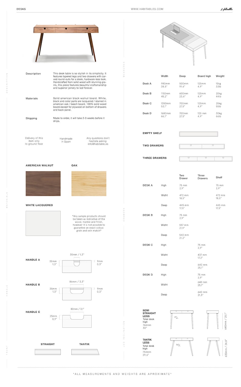 May include: A simple, modern desk with tapered legs and two drawers. The desk is available in American walnut, oak, or white lacquered finishes. The desk is 98 cm wide, 50 cm deep, and 12.5 cm high. The desk is handcrafted in Spain.