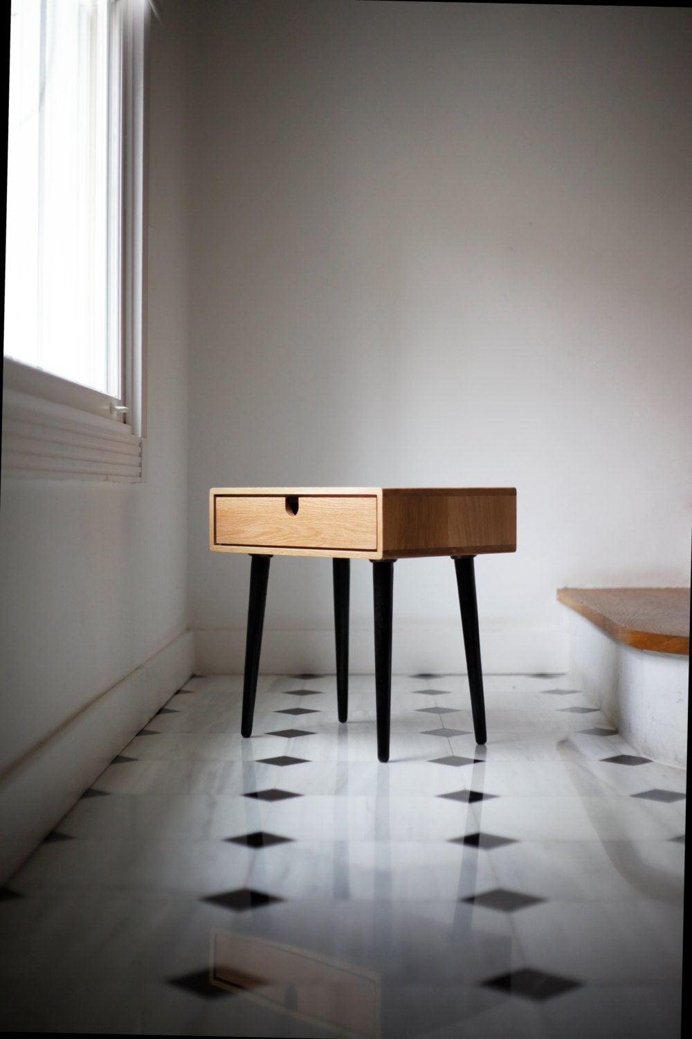 Mid Century Scandinavian Side Table Nightstand One Drawer And Retro Legs All Made Of Solid Oak