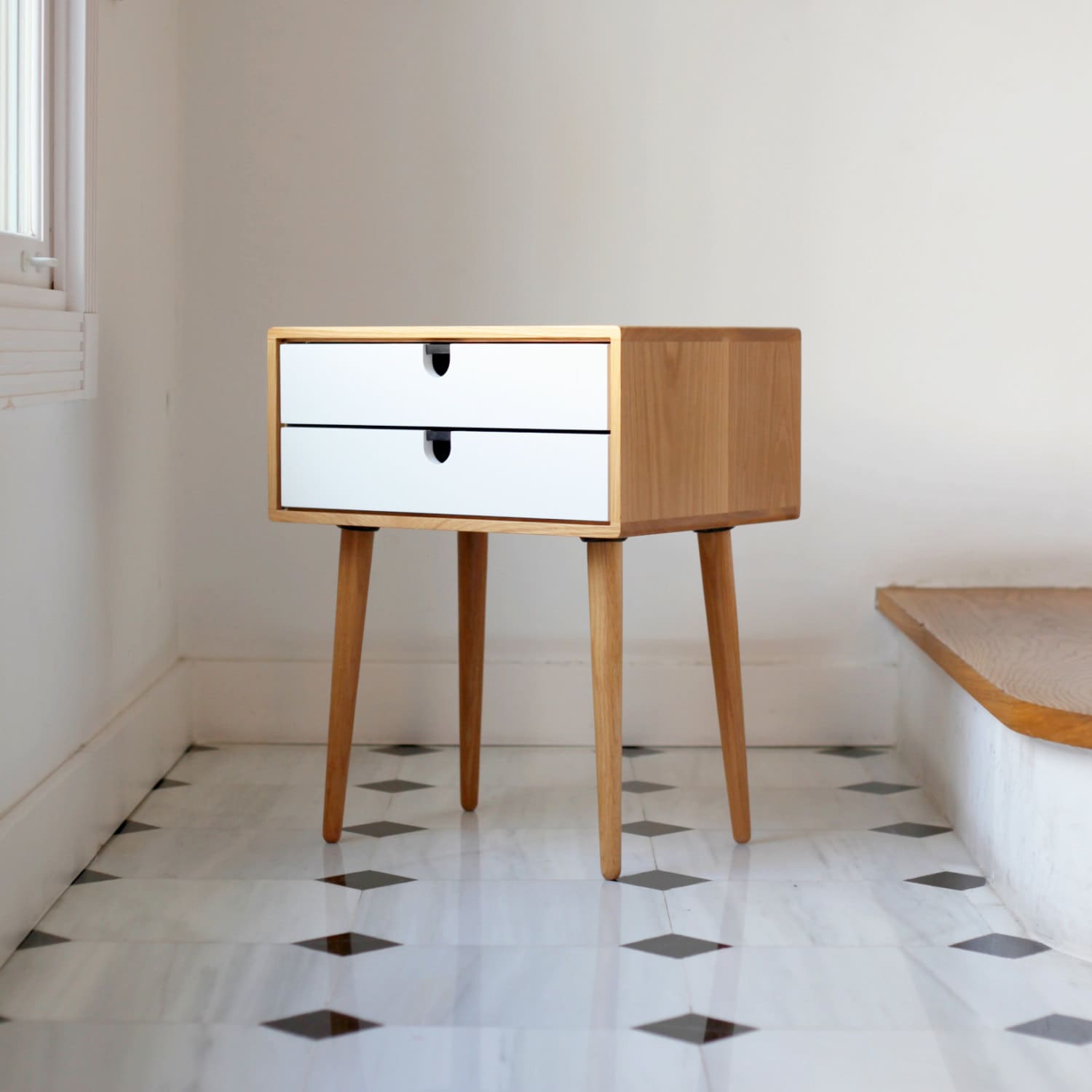 Oak Wood White Bedside Table Nightstand Mid Century Modern Etsy