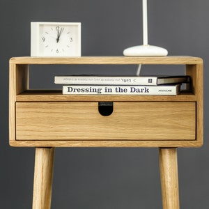 Mid-Century bedside Table / Nightstand in solid American Oak with a drawer and a shelf image 1