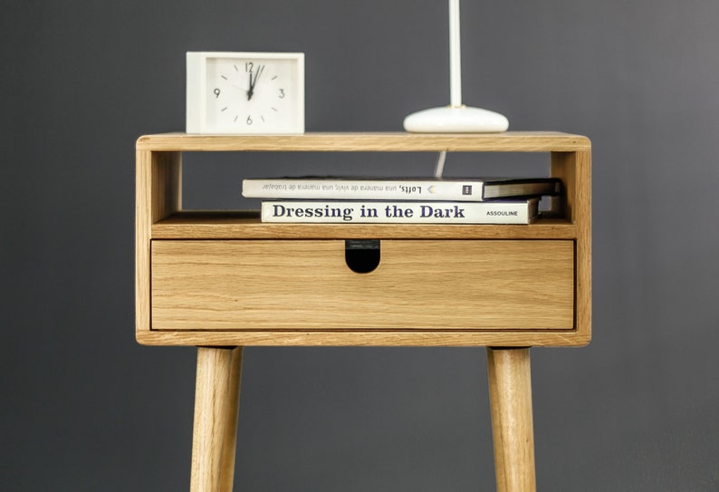 Mid-Century bedside Table / Nightstand in solid American Oak with a drawer and a shelf image 1