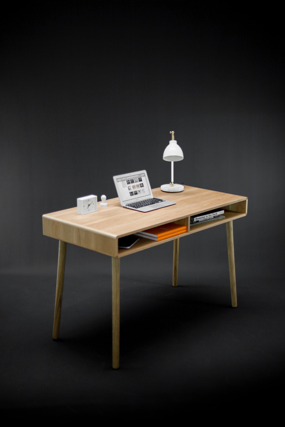 Modern Oak Desk With Open Cubbies Mid Century Design 