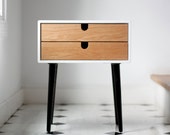 White nightstand / Bedside Table,  Scandinavian Mid-Century Modern Retro Style with 2 drawers and legs made of oak wood