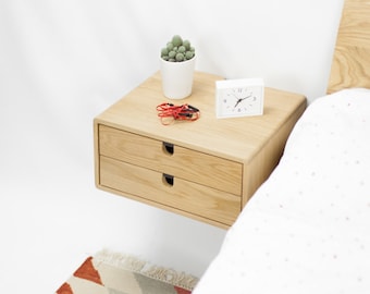 Floating nightstand bedside table with 2 drawers in solid oak mid century modern