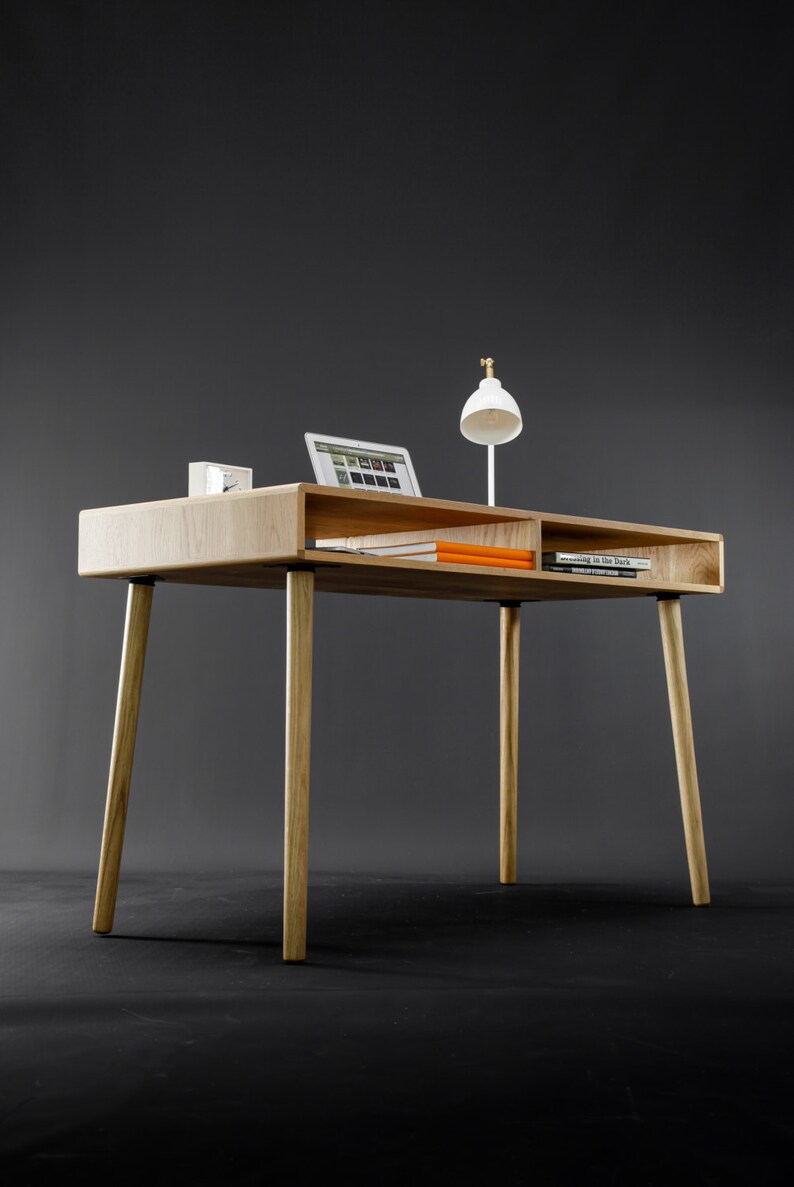 Modern Oak Desk with Open Cubbies Mid Century Design | Etsy