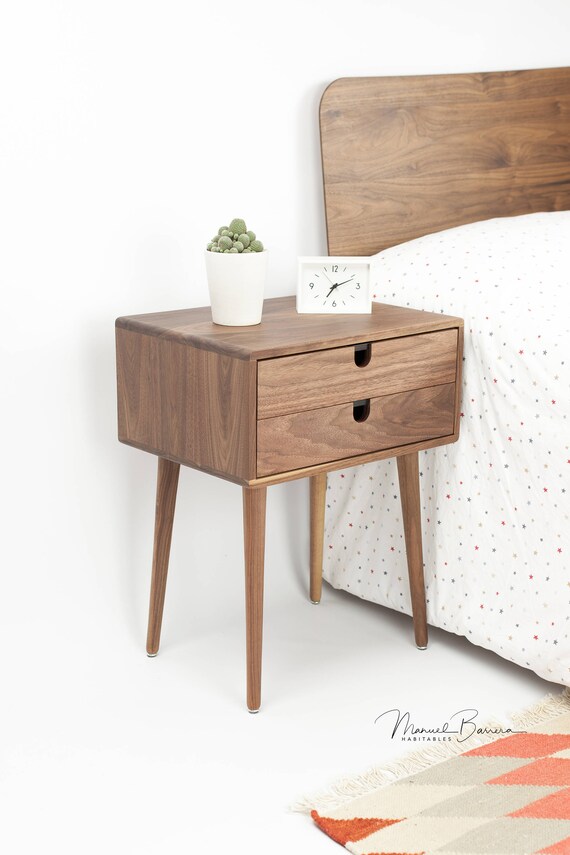 Mid century Modern Solid Walnut Nightstand With Double Drawers