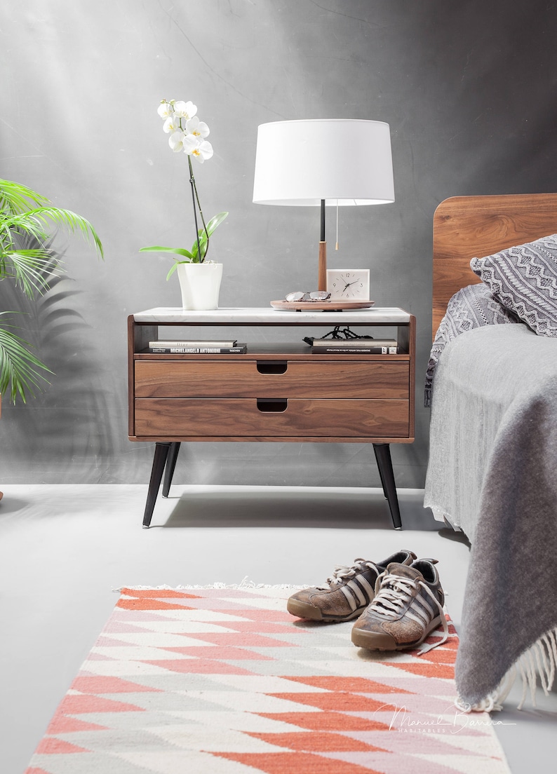 Nightstand Bedside table with two drawers in solid Walnut / Oak wood board and on top Carrara marble image 9