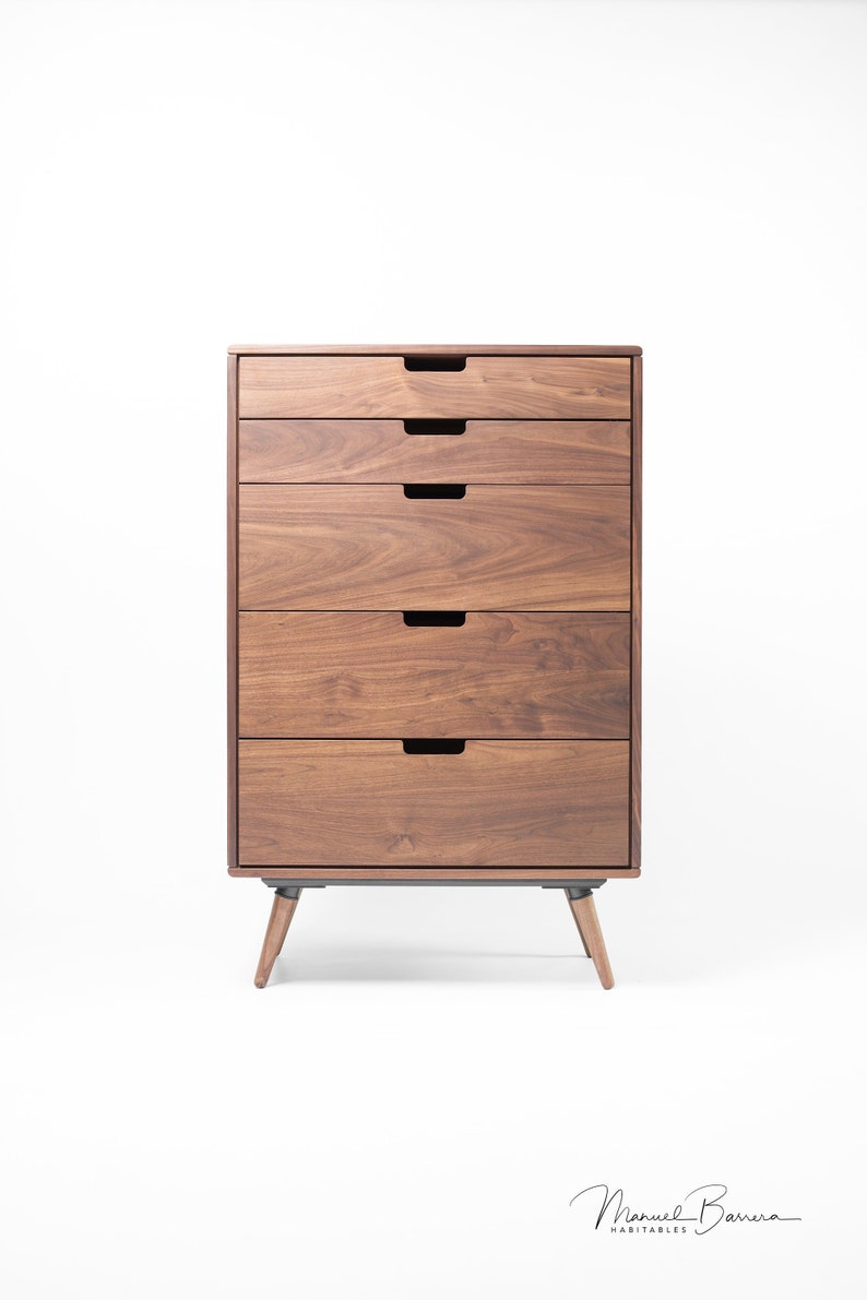 Chest of drawers, tallboy, Mid-century, Scandinavian style, in oak or walnut solid wood image 1