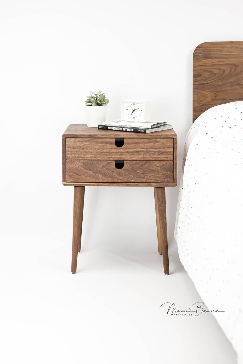 Mid-Century Modern Solid Walnut Nightstand with double drawers image 3