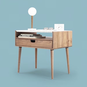 Nightstand / Bedside table in solid Walnut / Oak with marble top , mid century style image 3