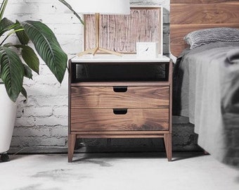 Nightstand with two drawers in solid Walnut and on top Carrara marble