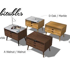 May include: Four different nightstands with three drawers each. The nightstands are made of wood and have different finishes, including walnut, oak, and marble. The nightstands are labeled with their wood types and finishes.