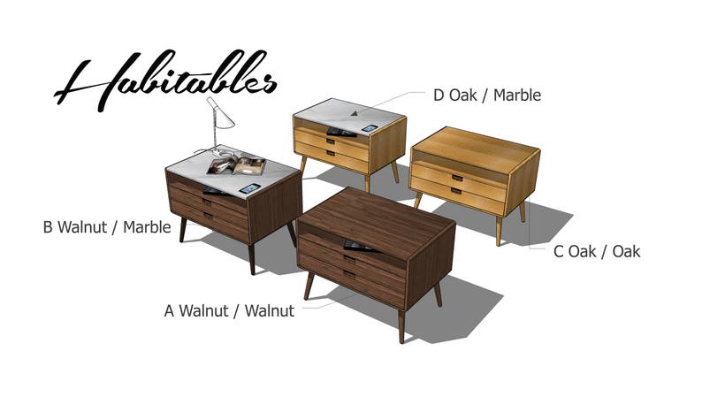 May include: Four different nightstands with three drawers each. The nightstands are made of wood and have different finishes, including walnut, oak, and marble. The nightstands are labeled with their wood types and finishes.