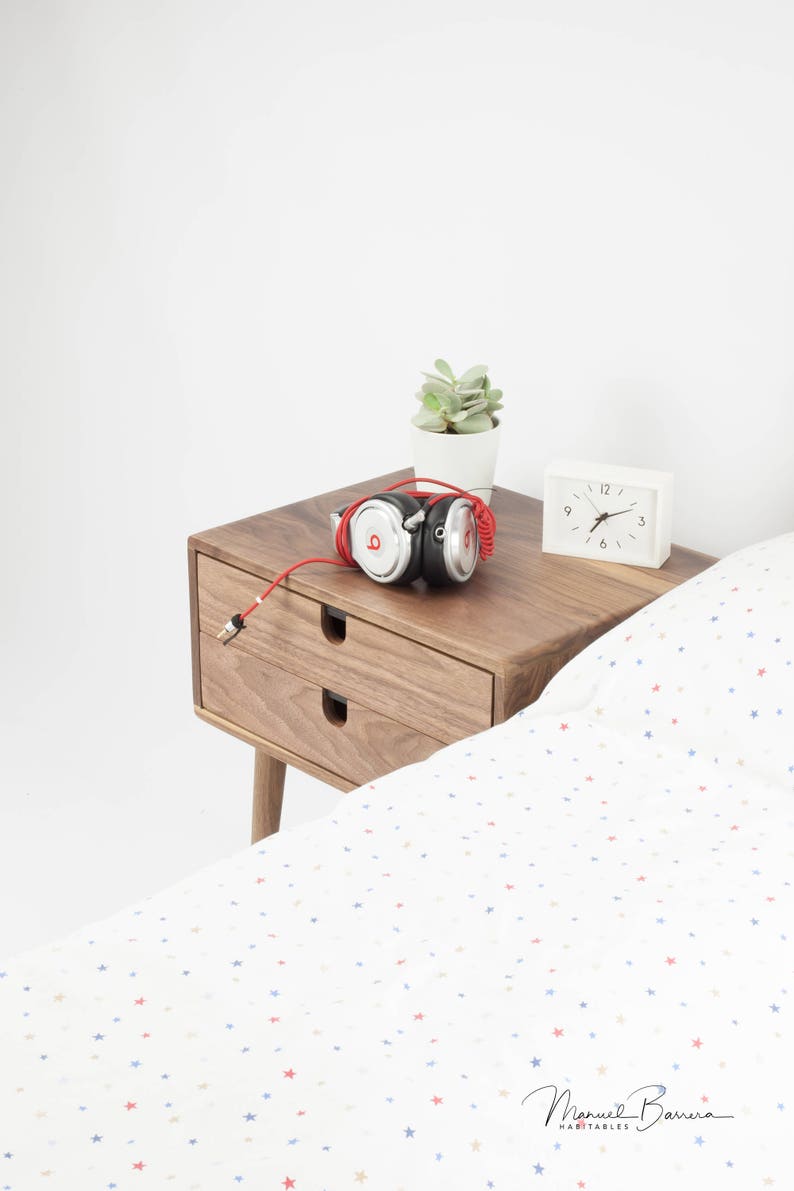 Mid-Century Modern Solid Walnut Nightstand with double drawers image 1