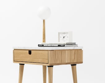 Nightstand with one drawer in solid Walnut / oak board and top in Marble