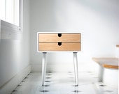 Mid Century Modern white Solid Oak Nightstand with Double Drawers