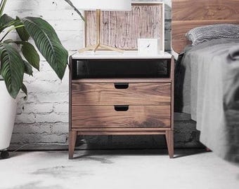 Nightstand with two drawers in solid Walnut and on top Carrara marble