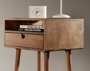 Mid Century Nightstand bedside table with Drawer in solid Walnut wood