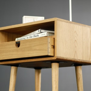 Mid-Century bedside Table / Nightstand in solid American Oak with a drawer and a shelf image 3