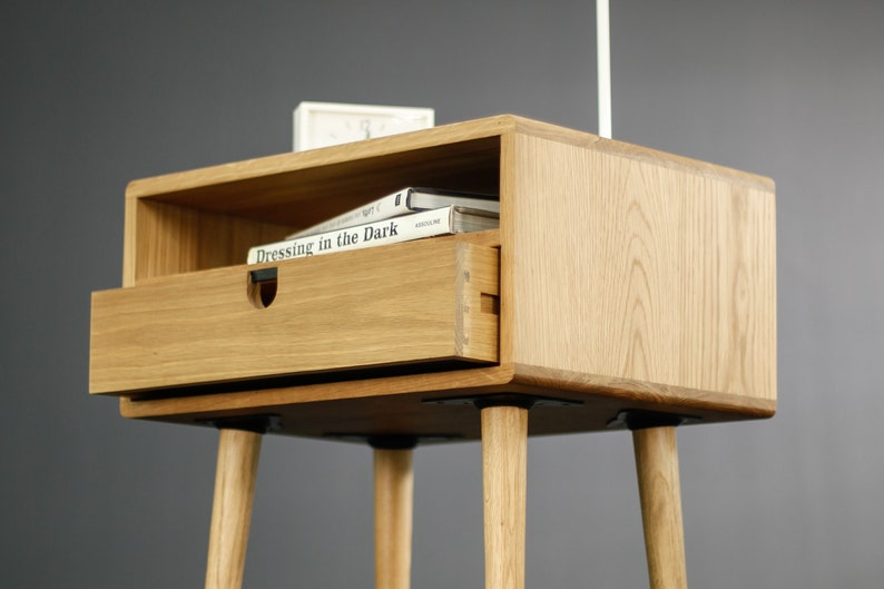 Mid-Century bedside Table / Nightstand in solid American Oak with a drawer and a shelf image 3