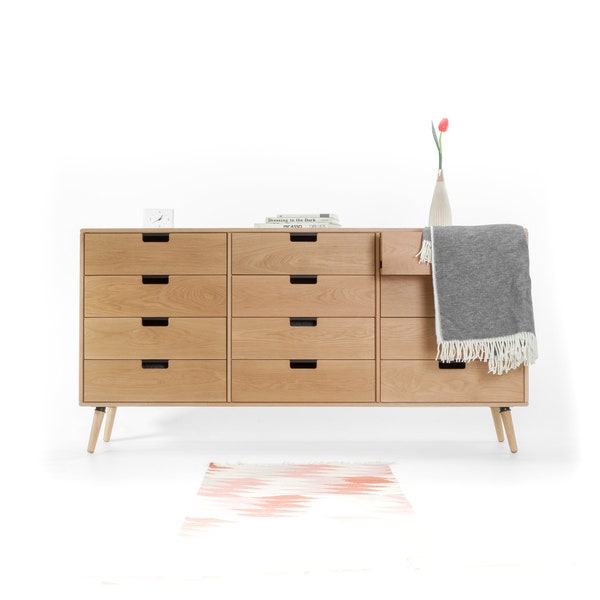 Mid-century 12-drawer chest of drawers in solid American oak or walnut