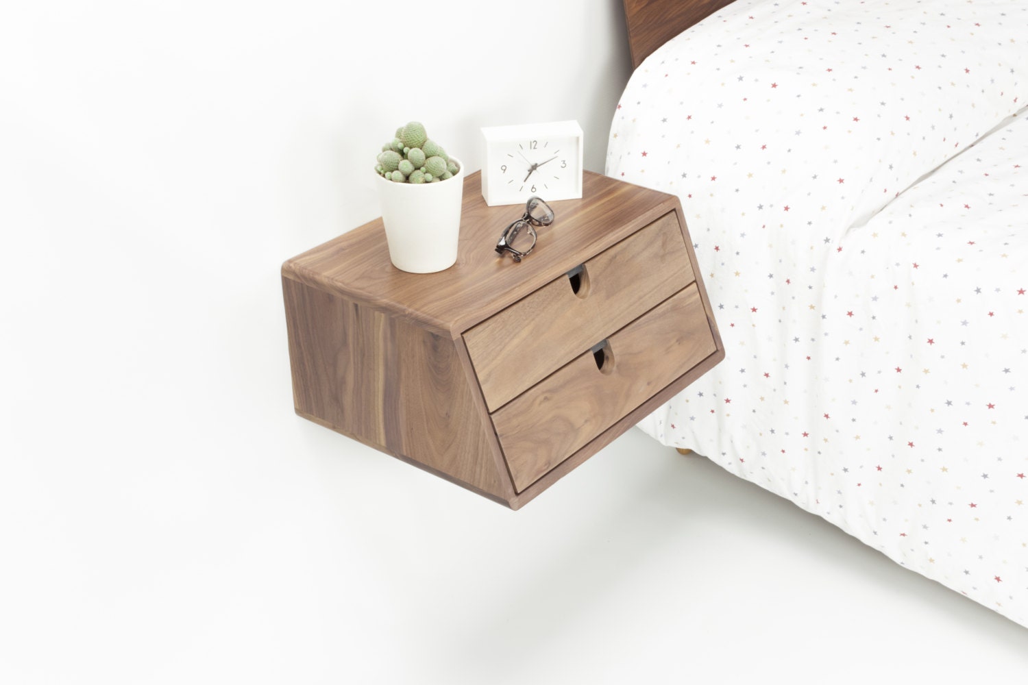 Walnut Floating nightstand bedside table drawer in solid walnut mid century modern