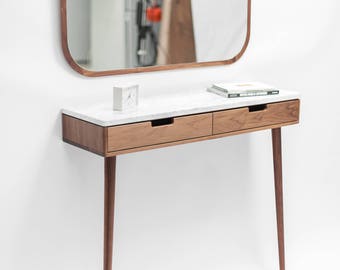 Console Hallway table in solid wood and marble top, Floating or with 2 legs