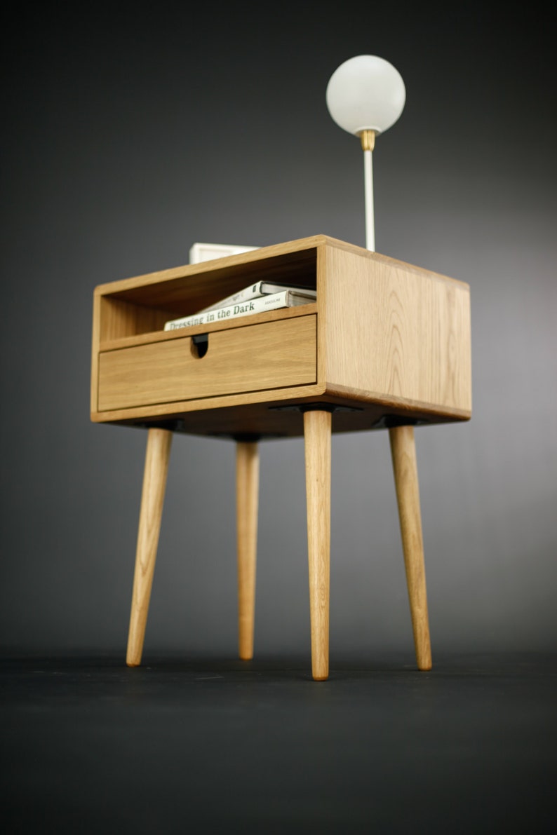 Mid-Century bedside Table / Nightstand in solid American Oak with a drawer and a shelf image 5