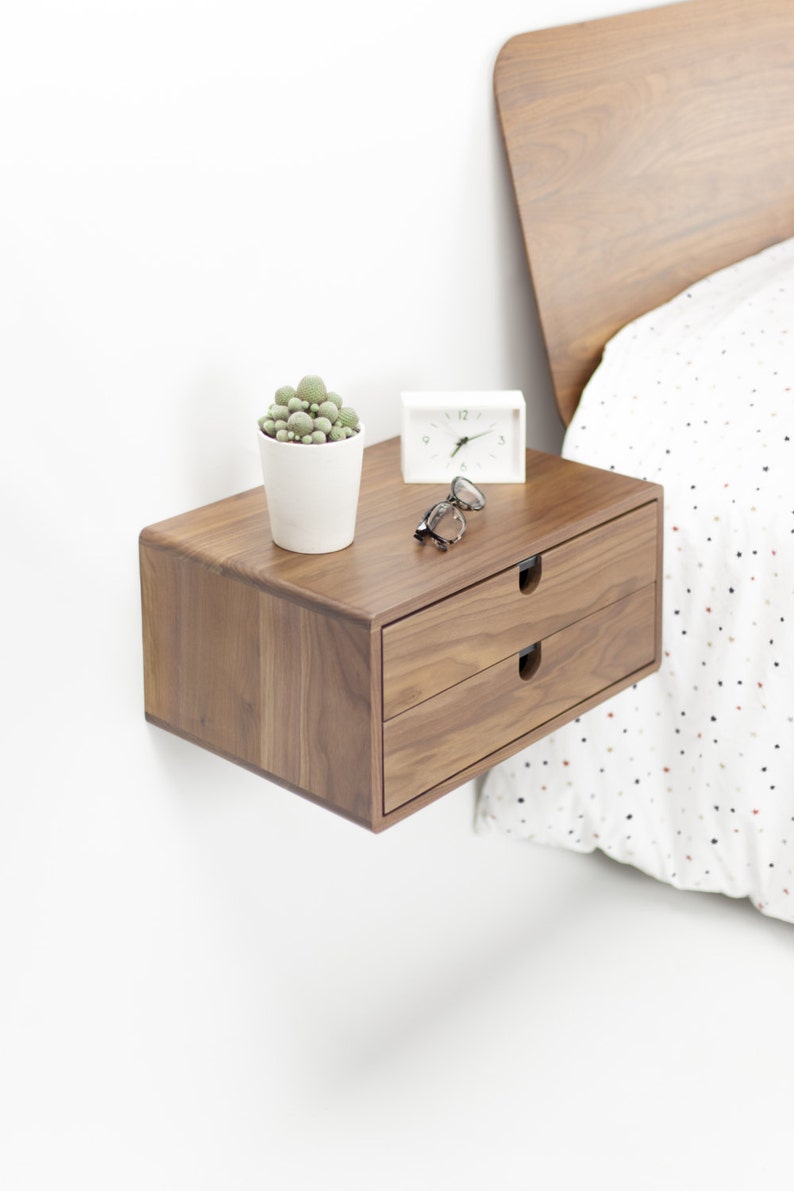 Walnut Floating nightstand bedside table drawer in solid walnut mid century modern image 4