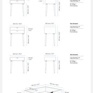 May include: Line drawing of four different bedside tables with dimensions in inches and millimeters. The tables have one or two drawers and a shelf. The tables have a simple design with four legs.