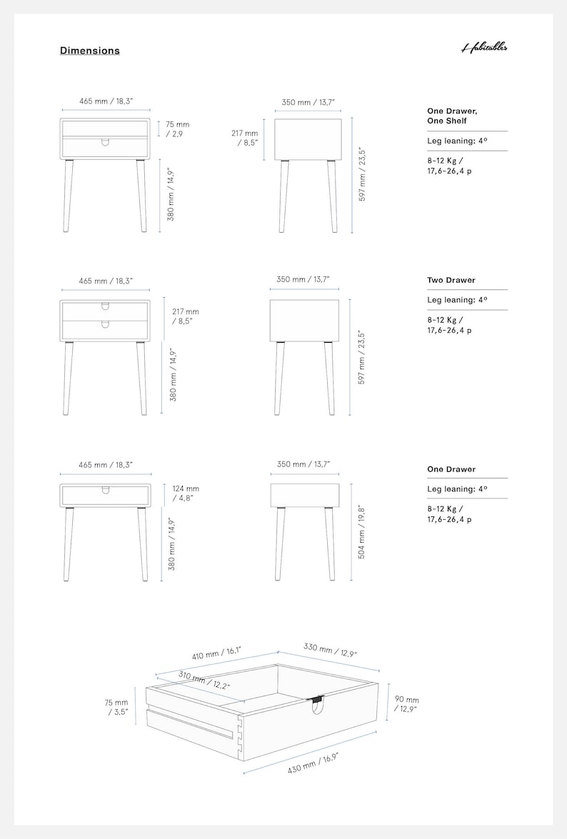 May include: Line drawing of four different bedside tables with dimensions in inches and millimeters. The tables have one or two drawers and a shelf. The tables have a simple design with four legs.