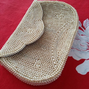 HAND BEADED Clutch Bag, Pearly Aged Ivory w/ Floral Design. Perfect for Vintage Shabby Wedding Bride. Made in Japan. Femme Fatale Vintage