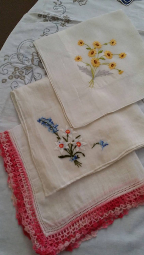 Trio of SHABBY CHIC HANKIES Adorably Cute Vintage 