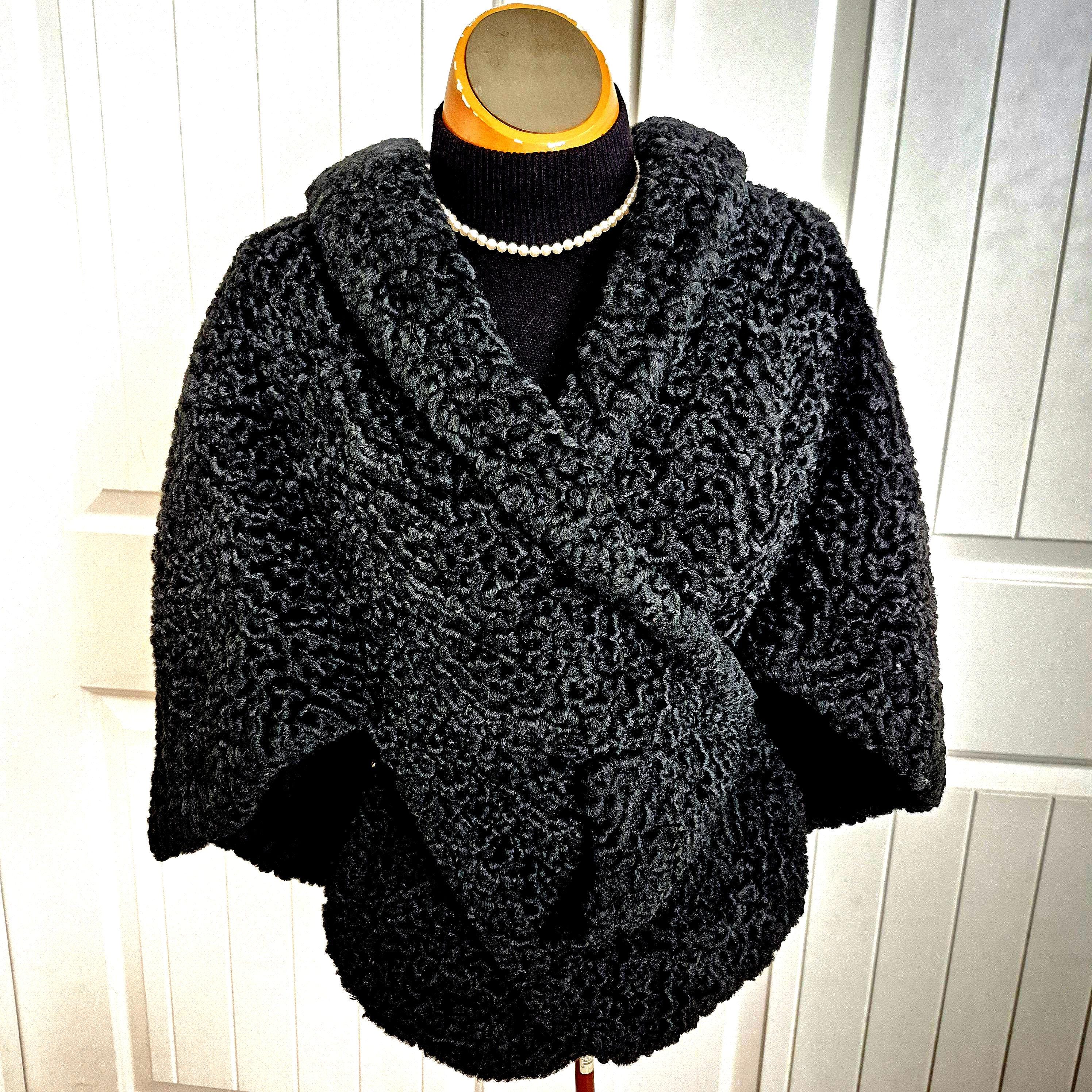 Vintage Black Persian Lamb Wool Capelet, Curly Lamb Stole, Mid