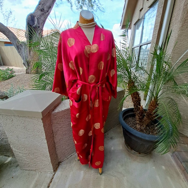 Vintage Kimono/Robe by Solz Squirrel Satiny Rayon Burgundy Red w/Decorative Round Gold Asian Design. Heavy Black Lining. Size M. Dry Cleaned