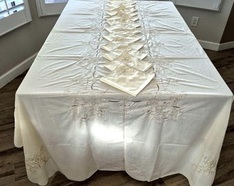 Vintage Embroidered Long Tablecloth Set. Light Ivory/Beige Cotton Fabric, Floral Eyelet  Design. Banquet Length 120" X 68"  with 12 Napkins