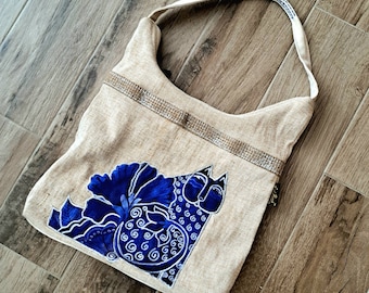Laurel Burch Blue Cat Tote Bag, "Blossoming Felines" Canvas Shoulder Bag